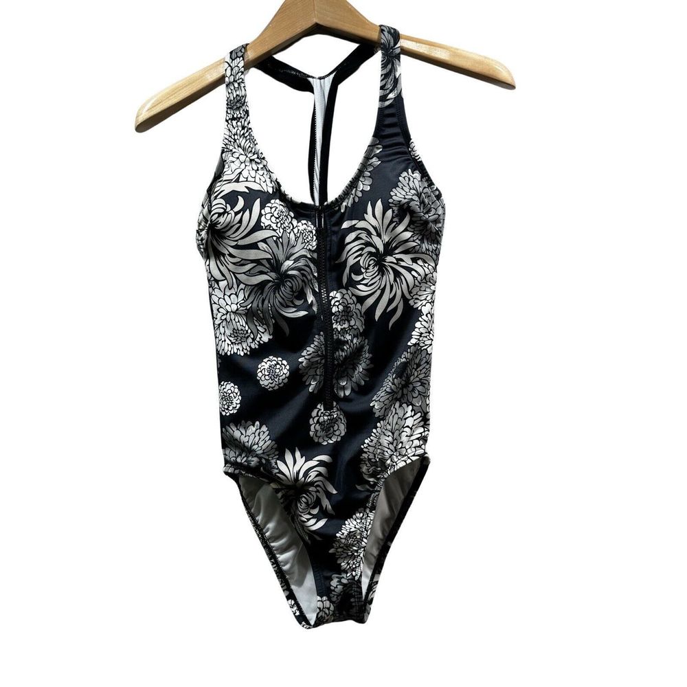 JOY LAB Womens Size S Floral Racerback  Front Zip Spandex Swimsuit